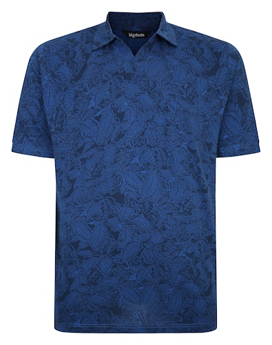 Bigdude Floral Print Relaxed Collar Polo Shirt Deep Blue Tall
